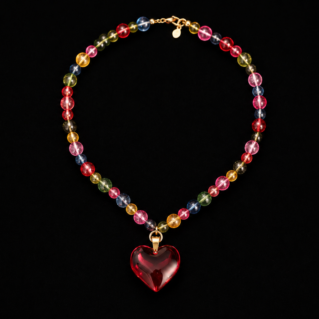 Colorful beaded bracelet with a red heart charm on a black background